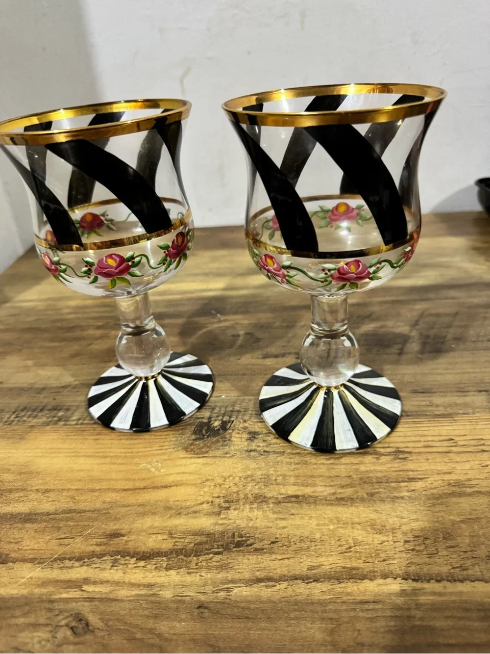 MacKenzie-Childs Black & White Striped Wine Glasses with Pink Rose Motif